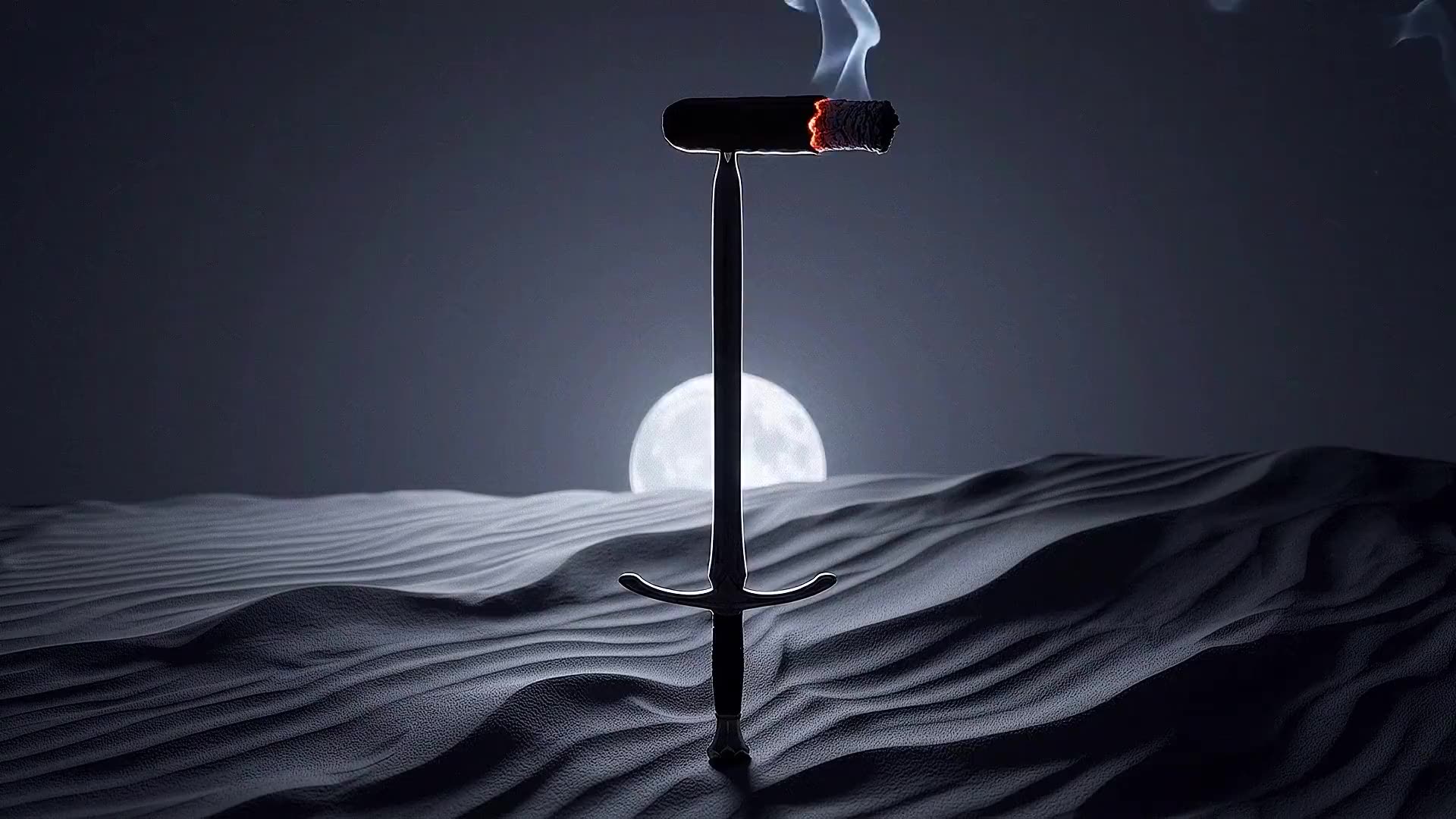 VEGACERO holding a lit cigar, moonrise over the dunes